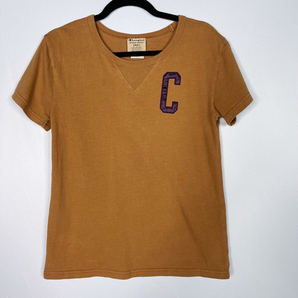 Champion Womens Small Vintage Wash C Block Short Sleeve Tee Reverse Weave Brown